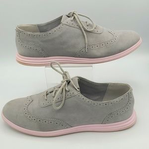 Cole Haan Grand OS Gray Suede Oxfords Pink Soles Size 9